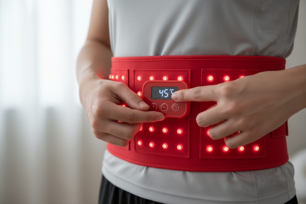 A person adjusting heat setting for their Red LED Therapy Belt to get personalized comfort