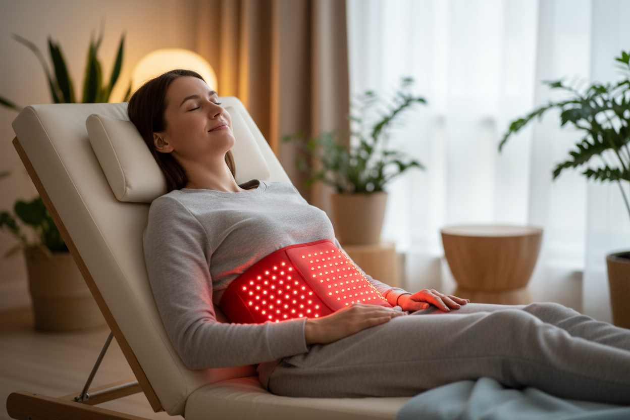 a person using a red LED Therapy belt to get User-Friendly Operation for instant relaxation 