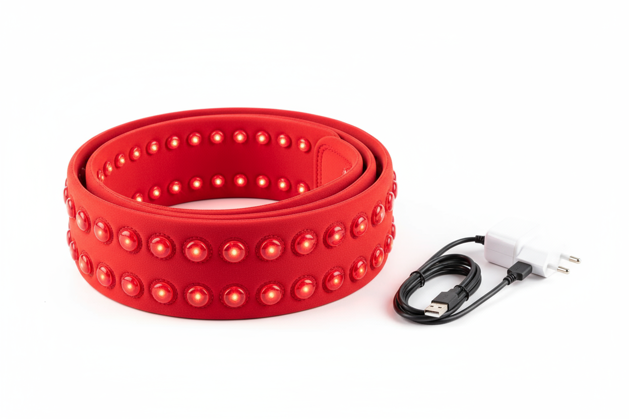 A red LED Therapy belt with a charger